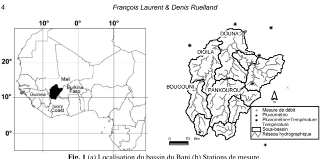 Fig. 1 (a) Localisation du bassin du Bani (b) Stations de mesure.