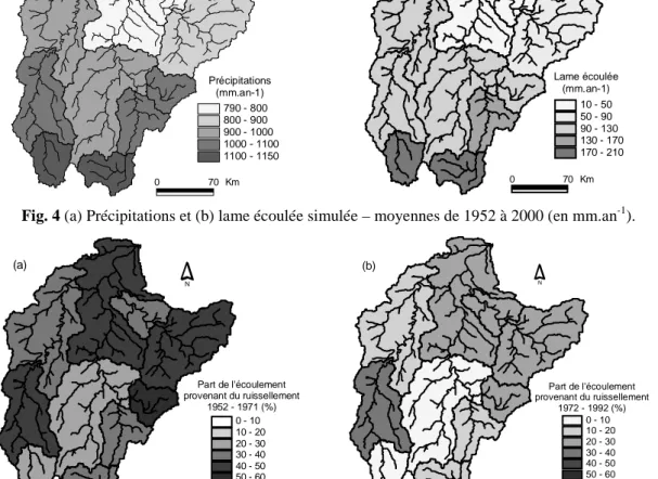 Fig. 5  Estimation de la part de l’écoulement provenant du ruissellement : (a) moyenne 1952-1971; (b)  moyenne 1972 -1992