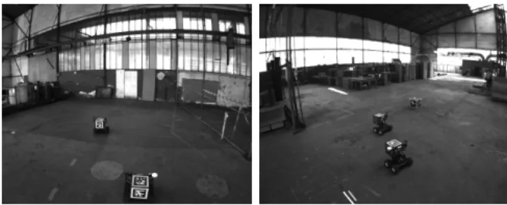 Fig. 1: Screenshots of inter-robot direct observations between the drone and ground robots outfitted with AprilTag markers