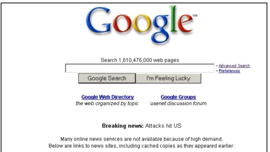 Figure 2.6 – Page d’accueil de Google après les attentats du 11 septembre 2001 avec, en bas, des liens vers des copies des principaux sites d’actualités 37