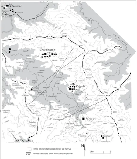 Fig. 4 : Définition des terroirs irrigués respectifs des trois capitales du bassin de Rabinal au  moyen des données d’une enquête ethnohistorique, d’une prospection archéologique et de 