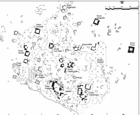 Fig. 6: La Joyanca, résultat des prospections de surface. En noir — hormis les bâtiments de  la “Plaza principal” — les unités résidentielles monumentales (concentrations de classes I et II  en grands quadrilatères), en blanc les petites unités (concentrat