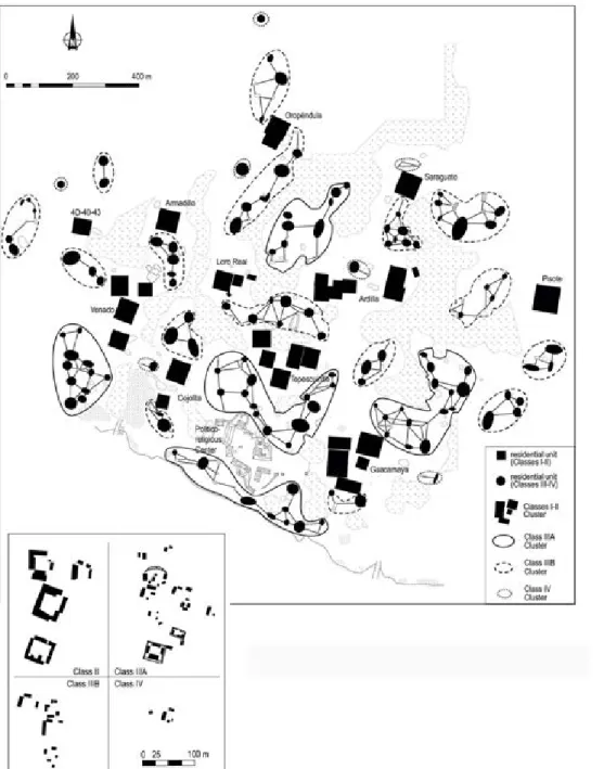 Fig. 7: La Joyanca, résultat des analyses spatiales de distance au plus proche voisin entre concentrations de classes différentes, séparées  par des marais temporaires et des “zones vides” (tiré de Eva Lemonnier 2009,modifié)  