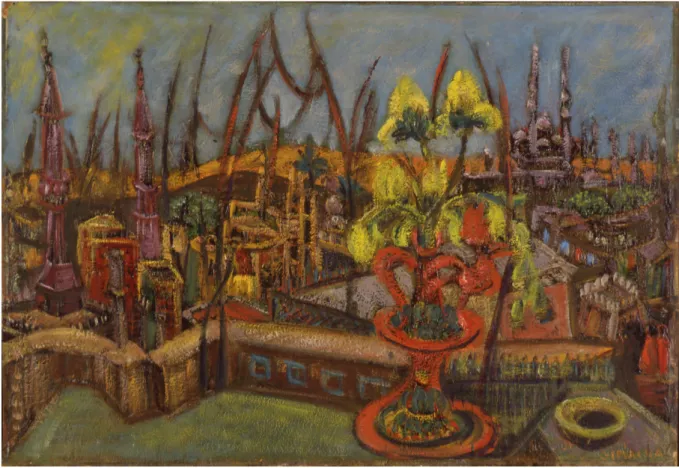 Figure 6 : Irmgard Micaela Burchard Simaika, Le Caire et la Citadelle, 1952-1953, huile sur carton ﬁxé sur contreplaqué,   52 x 76 cm