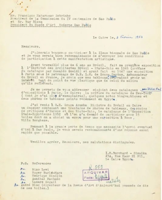 Figure 2 : Lettre de Burchard à Matarazzo Sobrinho et Bloem, Le Caire, 3 février 1953, Arquivo Histórico Wanda Svevo,   São Paulo, document no R.555, dossier n o   62-3