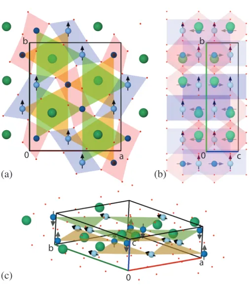 Figure 1.8 – Structure cristalline et magnétique du SrHo 2 O 4 . Il y a deux sites diffé- diffé-rents d’Ho avec des ordres diffédiffé-rents