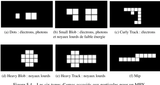 Figure 5.4 – Les six types d’amas associés aux particules pour un MPX.