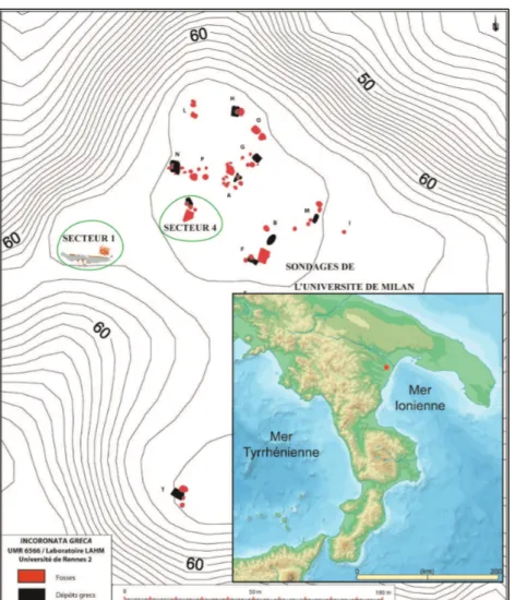 Fig.  1.  Emplacement  des  différents  secteurs  de  fouille  sur  la  colline  de  l’Incoronata  et  localisation du site en Italie méridionale (DAO F