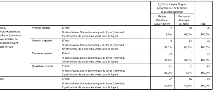 Tableau croisé Niveau Socio-économique du foyer (revenu du foyer/nombre de personnes vivant dans le foyer) * 2_Distinction par Origine géographique de la famille (pays des parents)