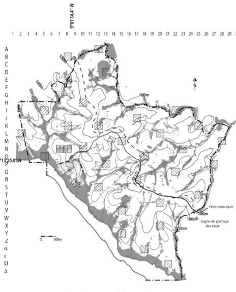 Fig. 2. Carte physionomique  de la réserve de Lamto  (réseau hydrographique,  végétation, courbes de  niveau et piste principale)  avec maillage retenu pour  l’échantillonage et carrés de  prospection à maille large  (zones  hachurés)  et maille ÀQH]RQHVTX