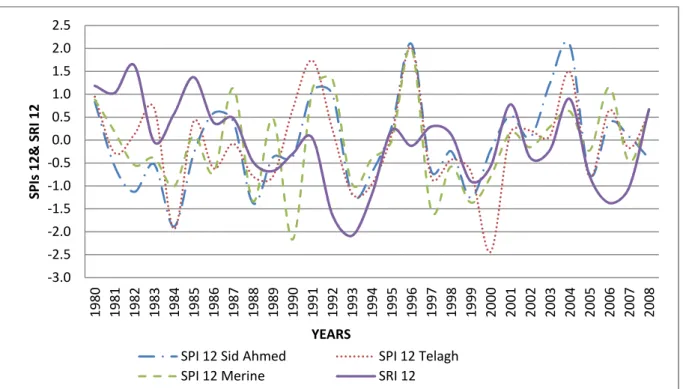 Figure  9 shows  that  hydrological  drought  is  a  consequence  of  meteorological  drought,  The extreme  droughts  identified  by  the  meteorologicals  index during  the  years  1984  and  the moderate  at  1988  have  a  large  influence  on  the  de