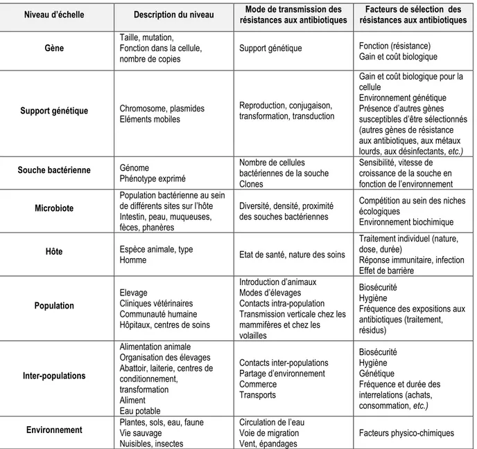 Tableau 1 : Les mécanismes identifiés aux différents niveaux d’échelle, contribuant à l’émergence, la transmission et la sélection  de la résistance aux antibiotiques 