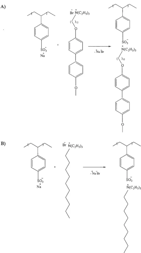Figure 1-26 Schéma de la réaction de complexation ionique du surfactomégène (A) ou de surfactant (B) avec le polyélectrolyte homocomplexes.