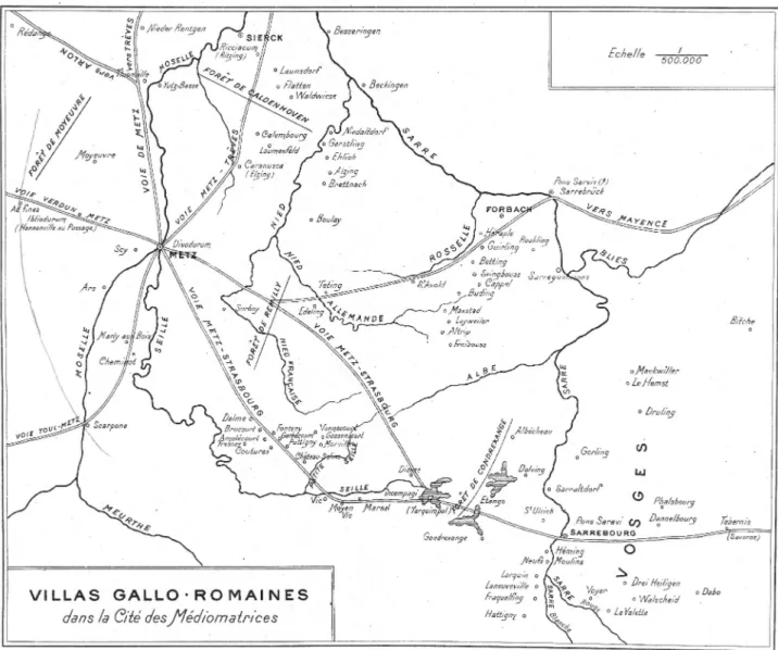 Fig. 4.   “Carte des villas gallo-romaines dans la cité des Médiomatrices” ( in  : Grenier 1906, planche hors texte).