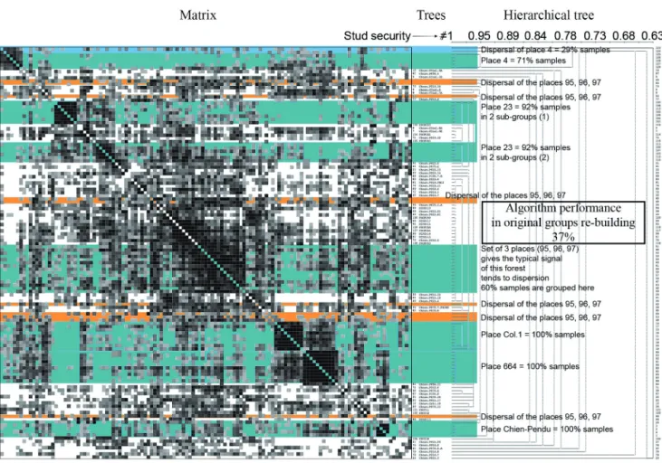 Fig. 11  – Analyse de tous les individus de la Forêt de Chaux dans la période 1910 – 1980, arbre hiérarchique et sa matrice de corrélations