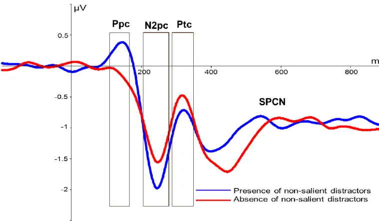 Figure 2. c) Grand average event-related lateralization (ERL) waveforms (contralateral minus  ipsilateral) at PO7/PO8 sites