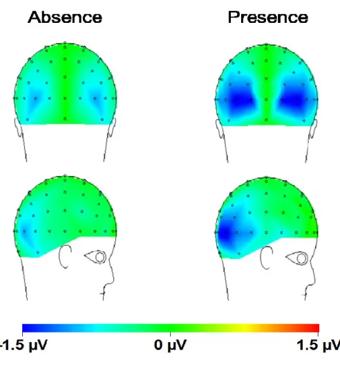 Figure 3b. Scalp distributions for the N2pc component (time window: 230-265 ms) for each  non-salient distractors condition (presence or absence)