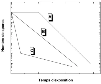 Figure 1.2  : Cas typiques de courbes de survie : A possède une phase initiale de latence ou  