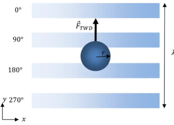 Figure 2.14 – Schéma montrant la force diélectrophorèse à onde progressive en appli- appli-quant des tensions électriques sinusoïdales déphasées.