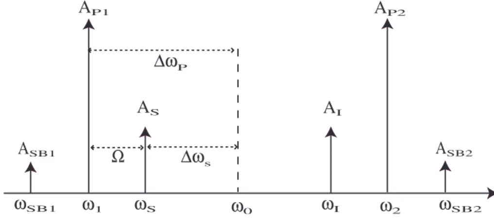 Fig. 2.1  Modèle à six ondes de l'ampliateur paramétrique à deux pompes.