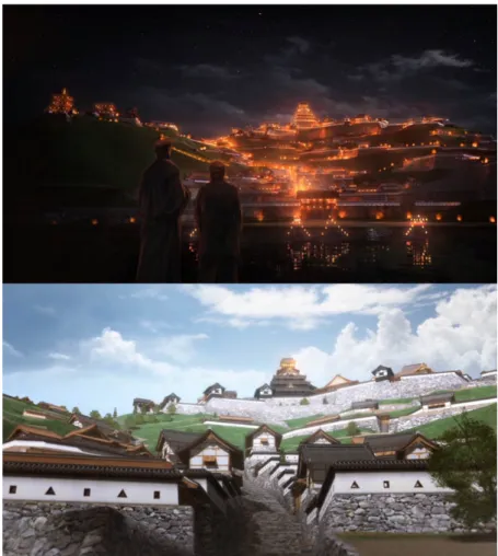 Fig. 6 : Images issues de la vidéo de restitution virtuelle du château  d’Azuchi, 2014 © Toppan 
