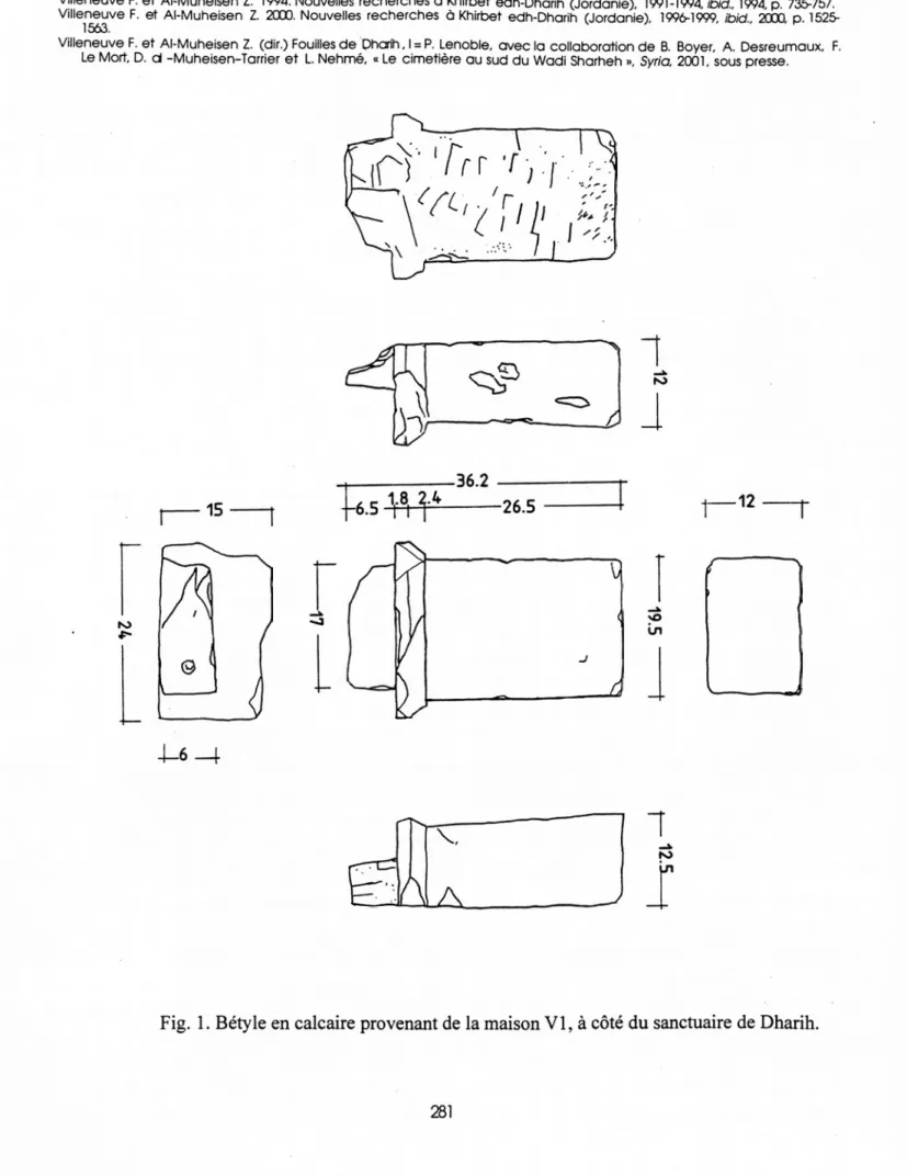 Fig.  1.  Bétyle en calcaire provenant de la maison V I, à côté du sanctuaire de Dharih.