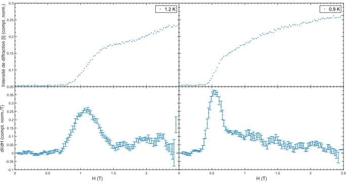 Figure 2.5. (Haut) Intensité obtenue des mesures de diffraction de neutron à T = 1.2 K et à T = 0.9 K tirée de la figure 2.1
