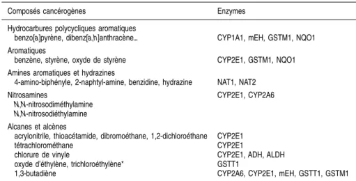 Tableau 1.V : Exemples de cancérogènes chimiques en milieu professionnel et enzymes polymorphes potentiellement impliquées dans leur métabolisme