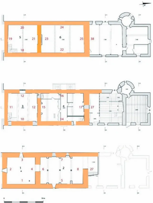 Figure 2 – Plan des différents niveaux de l’état 1 (cave, rez-de-chaussée et étage) ; vue des éléments de l’état 1 conservé sur le mur  pignon septentrional (fond de plan Daniel Juvenelle, architecte et associés).