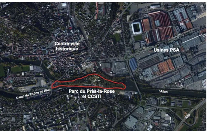 Figure 2 : Situation géographique du parc du Près-la-Rose et des locaux du CCSTI à  Montbéliard (Source : Google Maps et Urbas) 