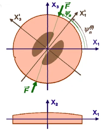 Figure 3.1. Résonateur plano-convexe soumis à une compression diamétrale F suivant l’angle  ψ a
