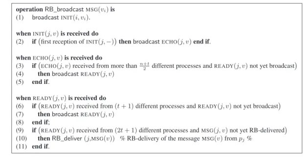 Figure 5: Implementing RB-broadcast in BZ_AS n,t [t &lt; n/3] (from [6])