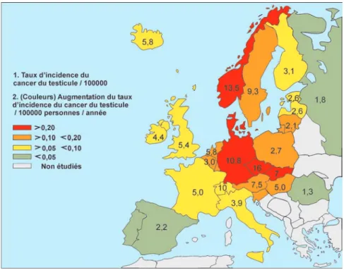 Figure 5.1 : Carte de l’Europe montrant les taux d’incidence du cancer du testicule et leur augmentation moyenne annuelle (d’après Huyghe et coll., 2007)