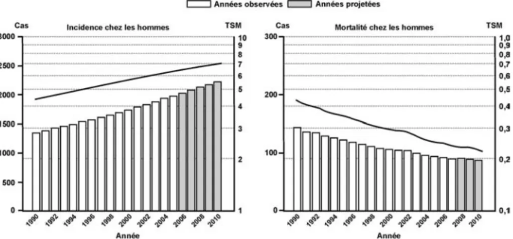 Figure 5.2 : Évolution de l’incidence (taux standardisés monde) et de la morta- morta-lité du cancer du testicule chez l’homme de 1990 à 2010 en France (d’après Hospices civils de Lyon et coll., 2010)