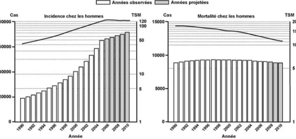 Figure 5.3 : Évolution de l’incidence (taux standardisés monde) et de la morta- morta-lité du cancer de la prostate chez l’homme de 1990 à 2010 en France (d’après Hospices civils de Lyon et coll., 2010)