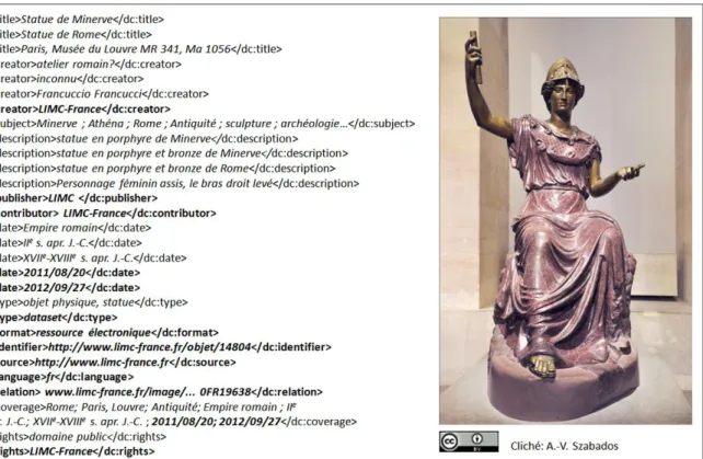 Fig. 1 : notice descriptive en Dublin Core Simple d’une statue de Minerve du Louvre (MR 341, Ma 1056)