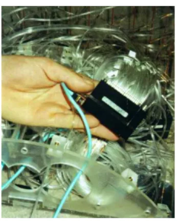 Figure  9  : Capteurs de pressions multiplexés (à gauche), et mise en  place d'une mesure de pression dans une maquette en soufflerie (à  droite) 