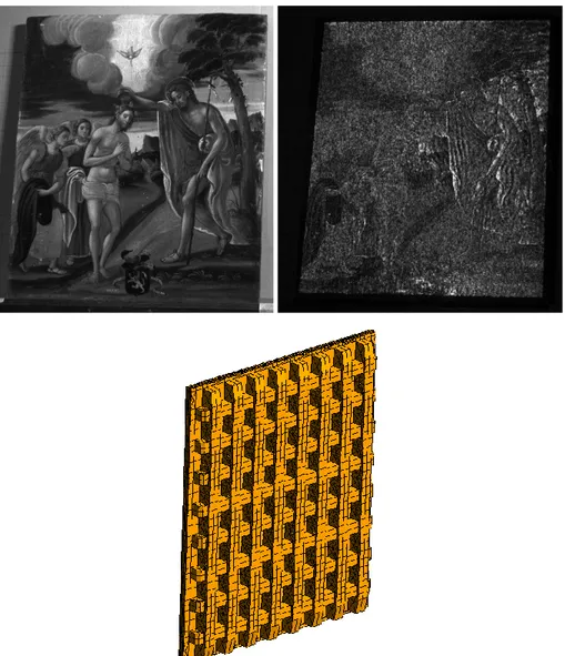 Figure 3 – Caméra gauche, après l'extraction des anciennes traverses : image initiale  (en haut, à  gauche), projection d'un mouchetis numérique sur l'image avec compensation de luminance (en haut, à 