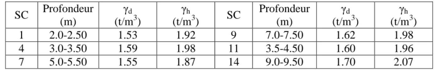 Tableau 19 : Résultats d‟analyse de la masse volumique sèche et humide des  échantillons de quelques sondages carottés du POS AU1 (LNHC, 2000)