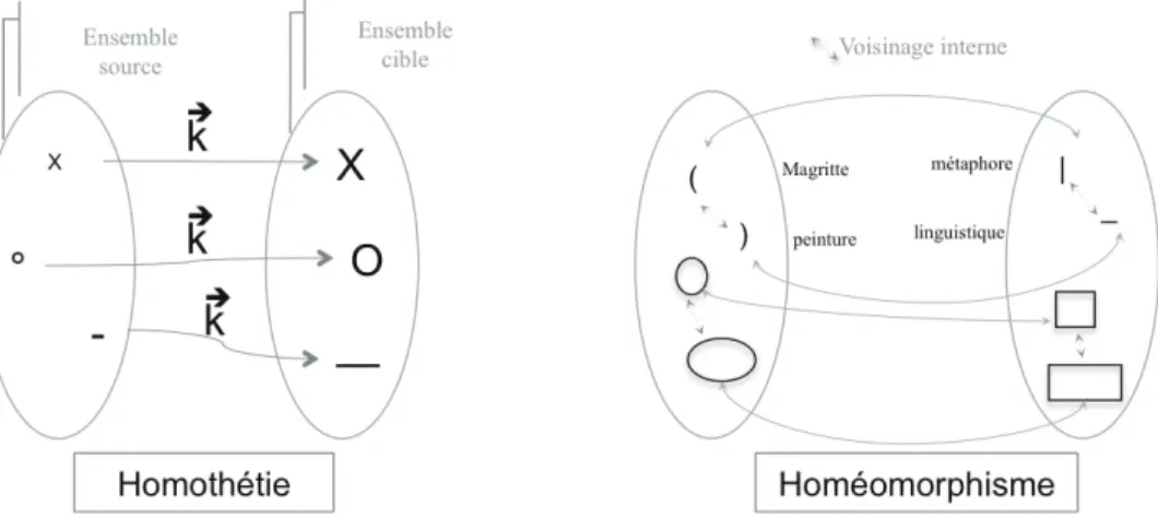 Fig. 4.  Comparaison entre l’homothétie — du côté de l’iconicité d’image —  et l’homéomorphisme redevable de l’analogie.