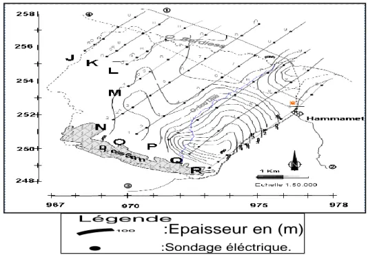 Figure 39: Carte de remplissage Quaternaire dans la plaine de Hammamet (In  Loukam, 2012)