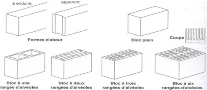 Fig. I. 1. 4 : Les différents types des blocs ou parpaing de béton [5].