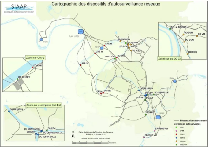 Figure 5 Cartographie des principaux déversoirs du SIAAP. En vert, les DO les plus importants : Clichy et  La Briche (Tabuchi et Penouël, 2014) 