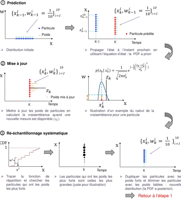Figure 3.16 – Illustration des trois étapes du FP SIR utilisant le ré-échantillonnage systématique (X : état du système et W : poids de particule).