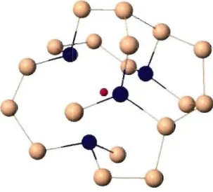 Figure 2.3 - Lacune dans  un  modèle tel qu'implanté. Le point rouge représente l'atome  retiré pour créer la  lacune,  les  atomes  bleus  sont ceux qui  sont le  plus près  (à  moins de  3Â) de la  lacune