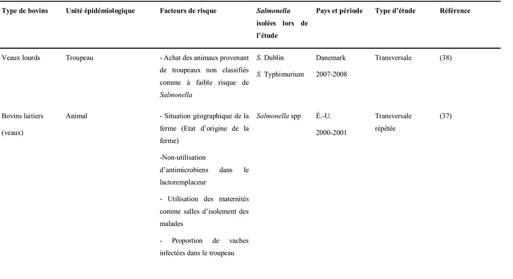 Tableau II. Facteurs de risque associés aux infections à Salmonella spp chez les bovins 