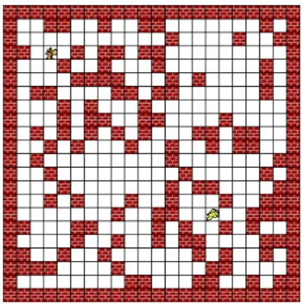 Fig. 1 – Labyrinthe non-d´ eterministe de 20 × 20 cases avec un ´ etat initial (´ etat [2, 2]) et un ´ etat cible (le fromage) (´ etat [14, 14]).