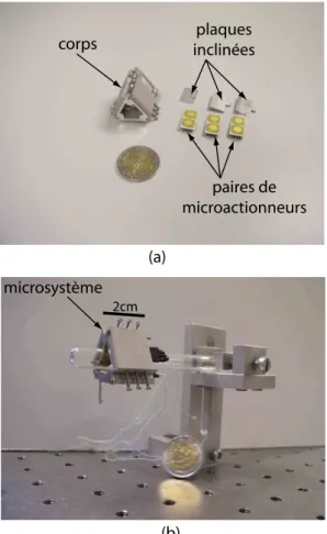 Fig. 3.22 – a : les composants du microsyst` eme. b : le microsyst` eme mont´ e sur le tube.