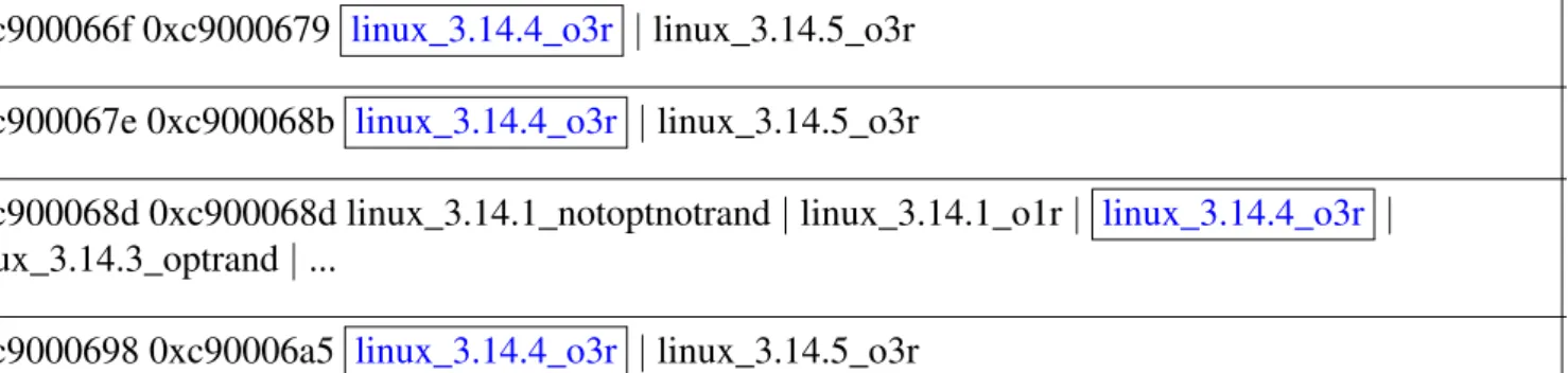 Figure 5.3 – Kernel version and customization fingerprinting from located and identified blocks of a VM running with Linux kernel 3.14.4 compiled with O3 optimization level and kernel base address  randomiza-tion