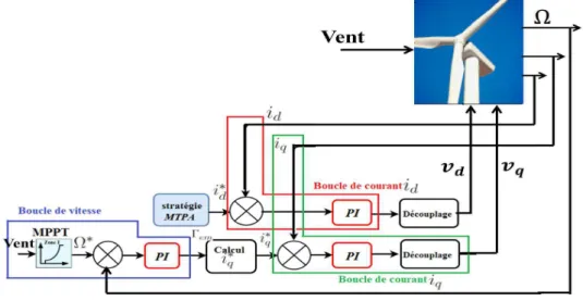 Figure 3.9 : Schéma global de la commande vectorielle de l’éolienne en zone II, avec utilisation de régulateurs PI (Figure inspirée de [28]-[25]).